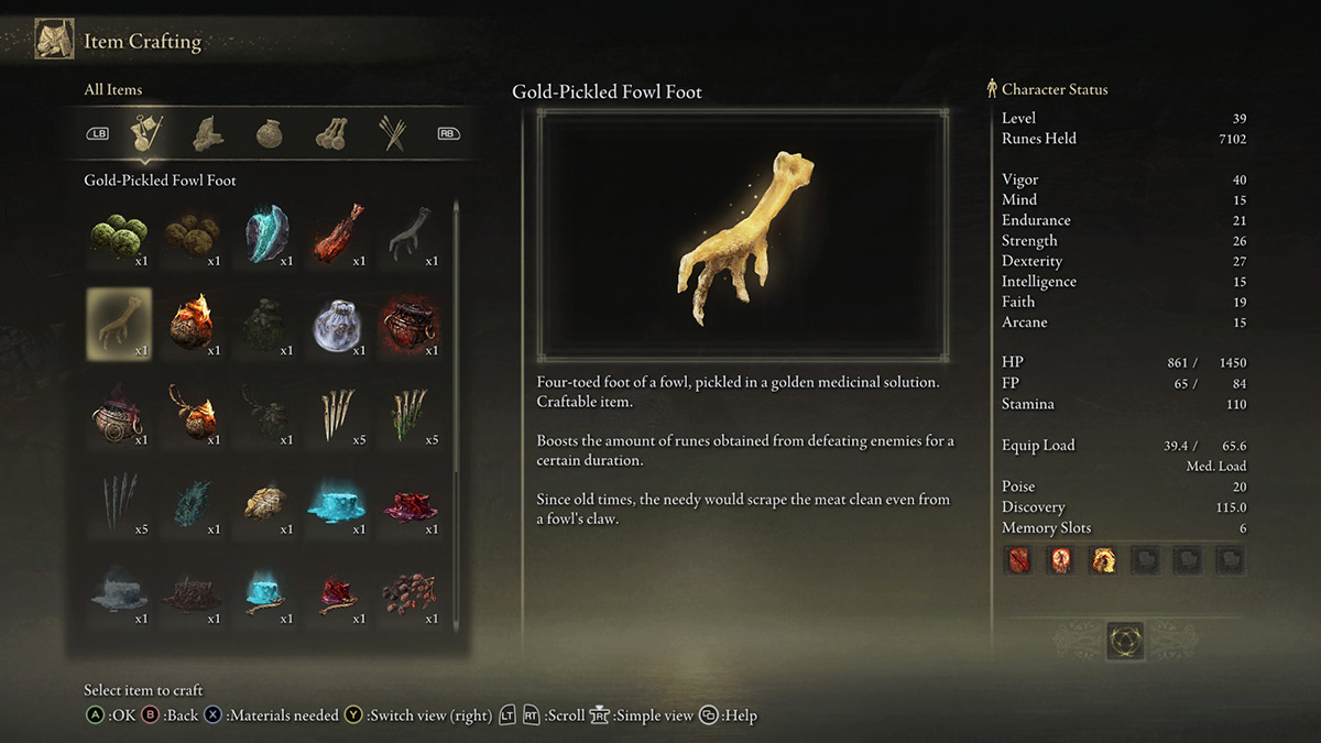 A Gold-Pickled Fowl Foot crafting screen in Elden Ring
