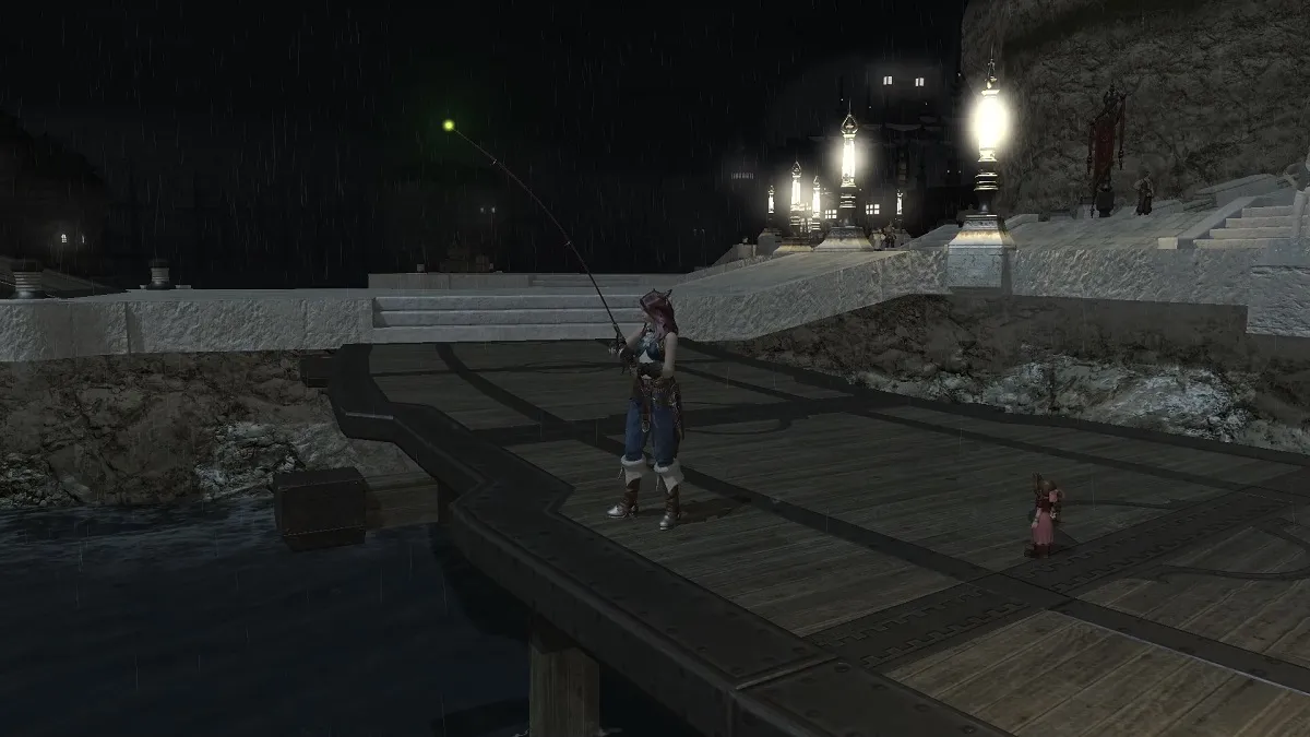 Miqo'te fishing off of a dock at night