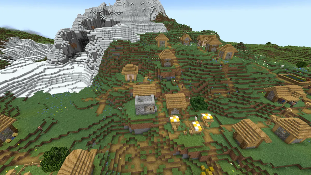A village set in the mountains of Minecraft