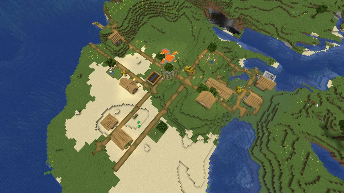A Minecraft village with a lava pool