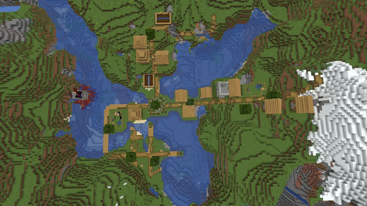 A Minecraft village sprawling over a body of water