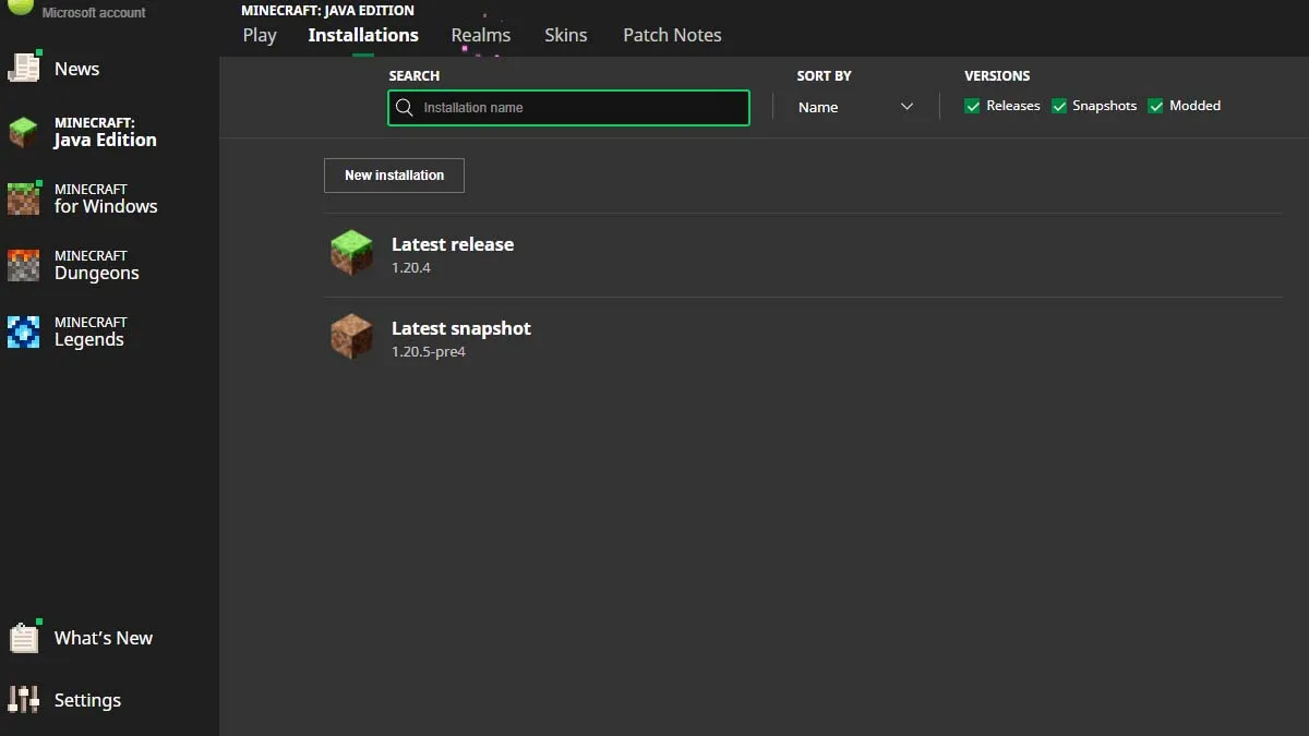 Installations tab in PC Minecraft client