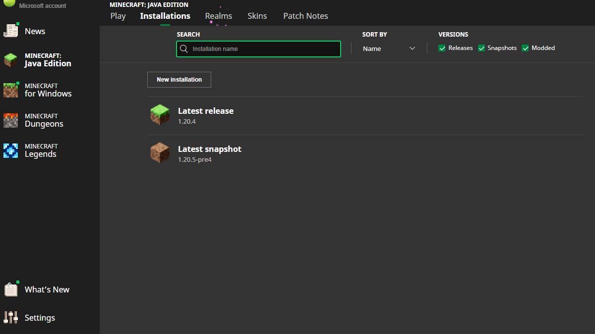 Onglet Installations dans le client PC Minecraft