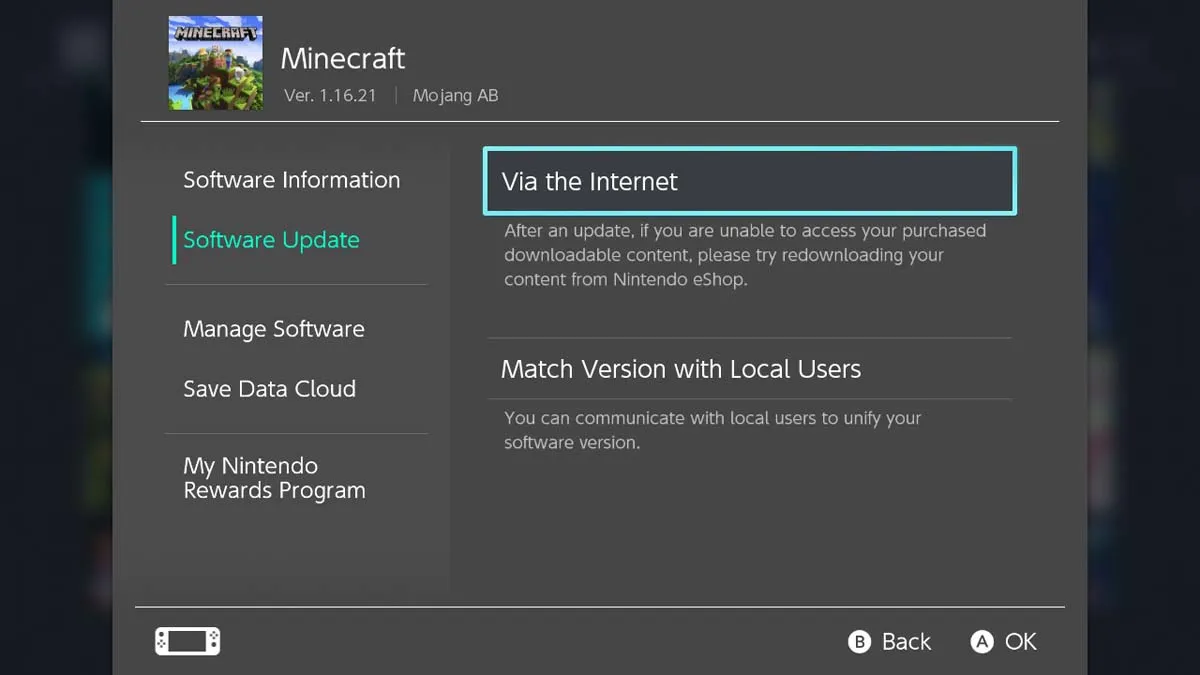 Nintendo Switch settings for Minecraft update