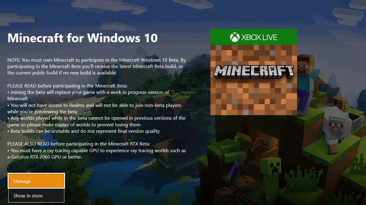 Windows 10 Minecraft purchase window