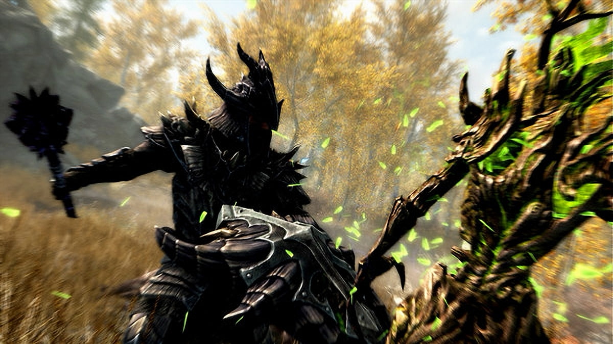 skyrim dragonborn player in dark metal armor fighting a wooden elemental with a mace and shield