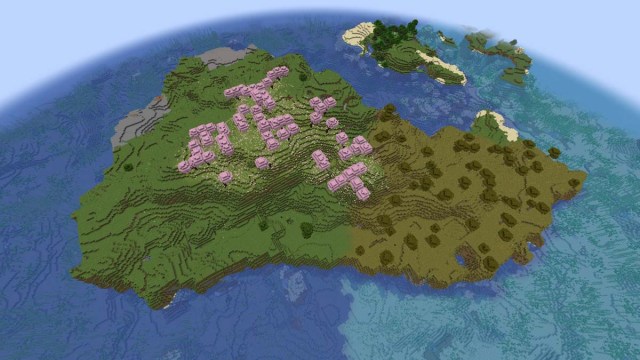 Minecraft survival island with cherry blossom trees