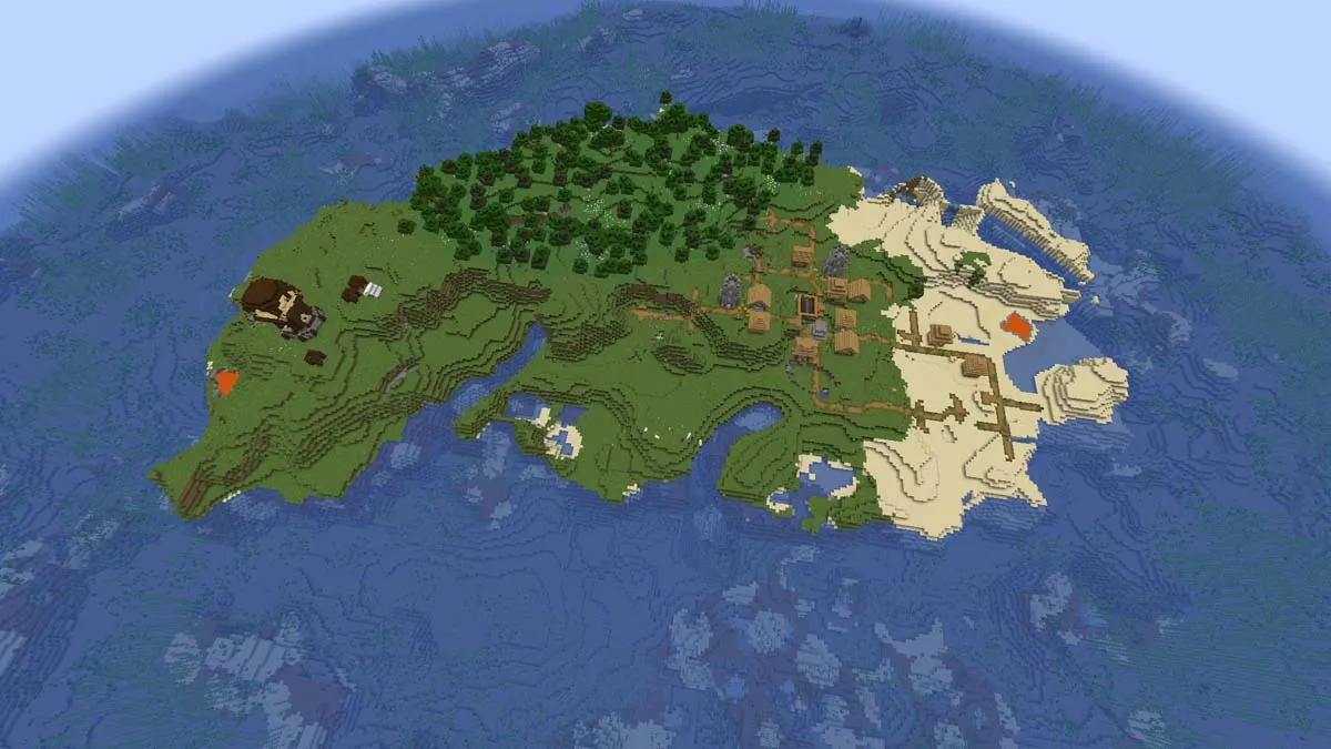 Minecraft survival island with a village and pillager outpost