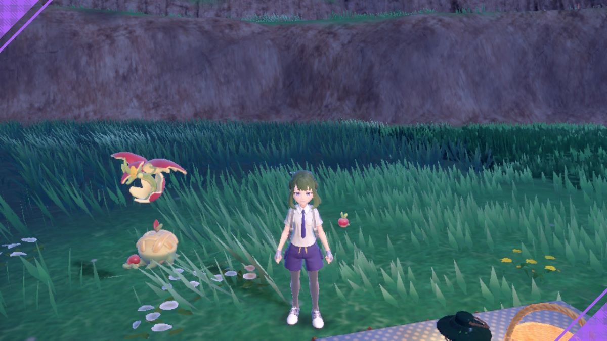 Player with Applin, Flapple, and Appletun on picnic in Pokemon Scarlet & Violet