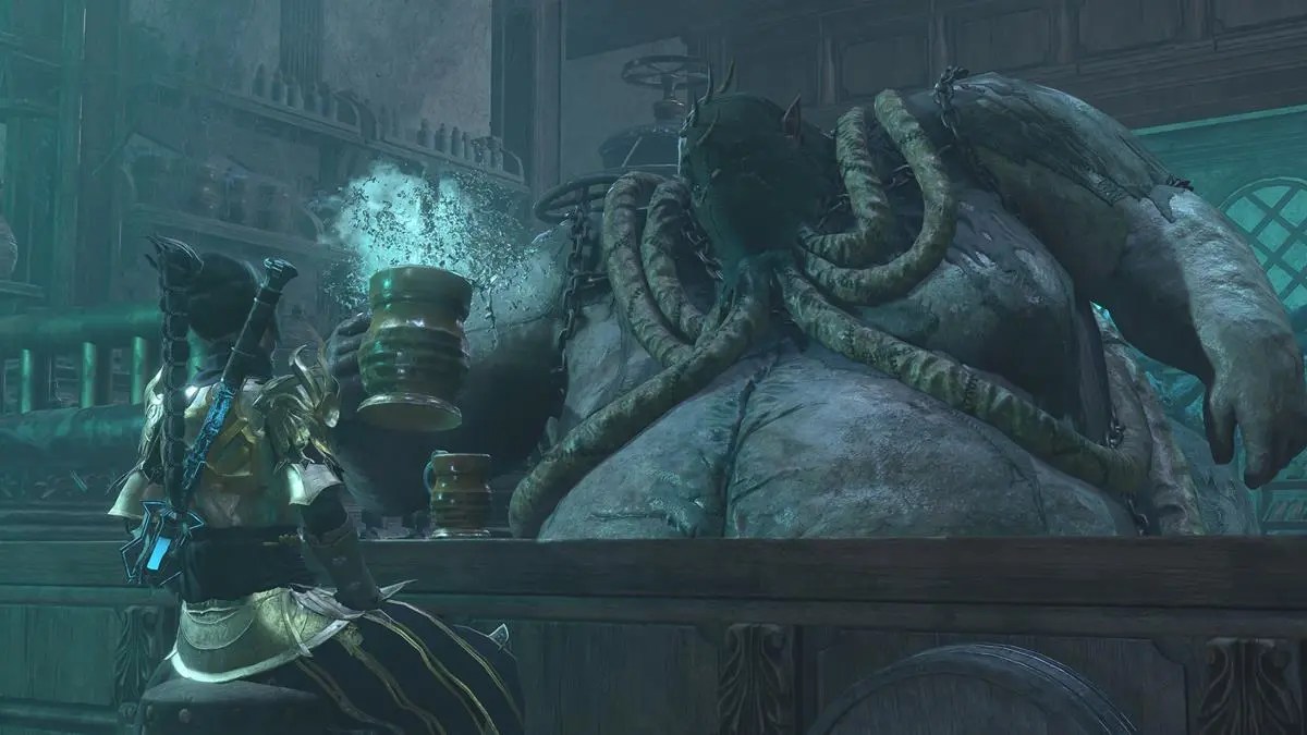 a black haired armored cleric sitting next to a massively obese grotesque humanoid with a bag over his head and tubes coming out of his mouth in baldurs gate 3