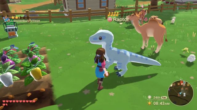 Player cares for raptor in Harvest Moon: The Winds of Anthos