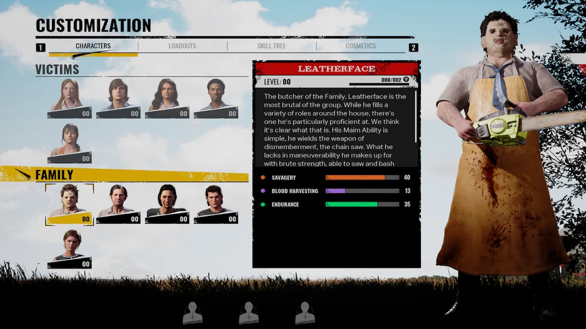 Leatherface in The Texas Chain Saw Massacre Customization screen. 