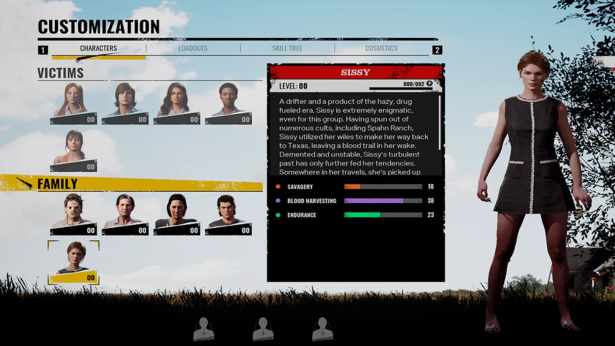 Sissy in The Texas Chain Saw Massacre Customization screen. 