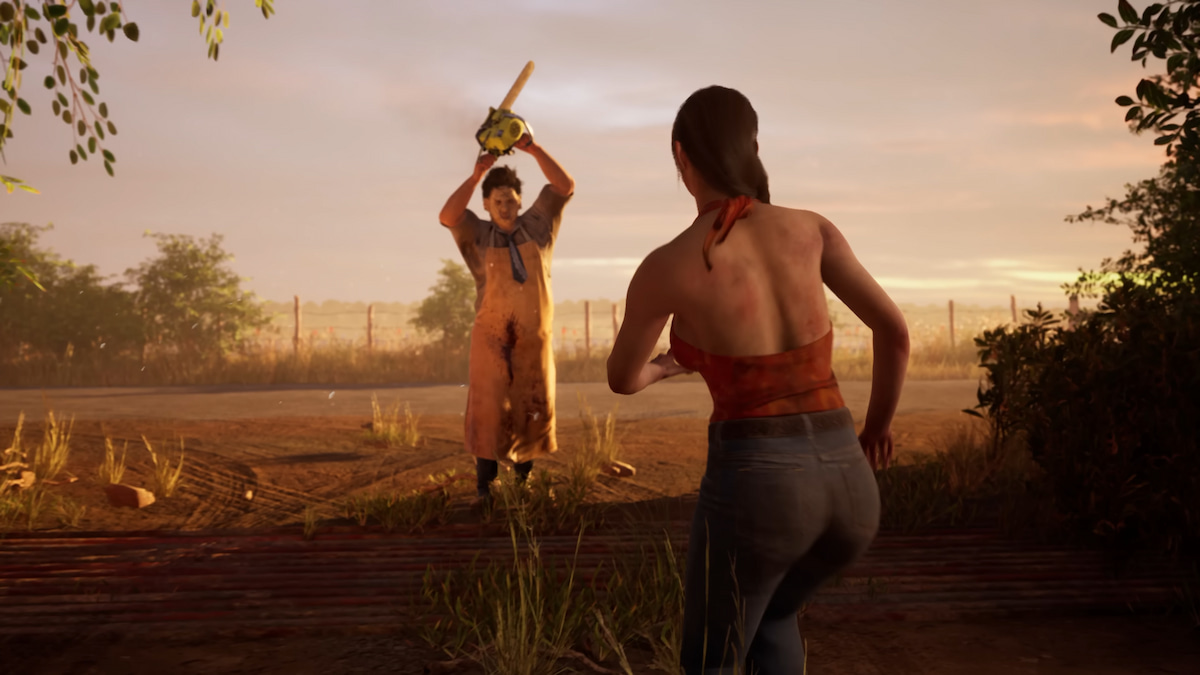 Leatherface confronting a Victim in The Texas Chain Saw Massacre game.