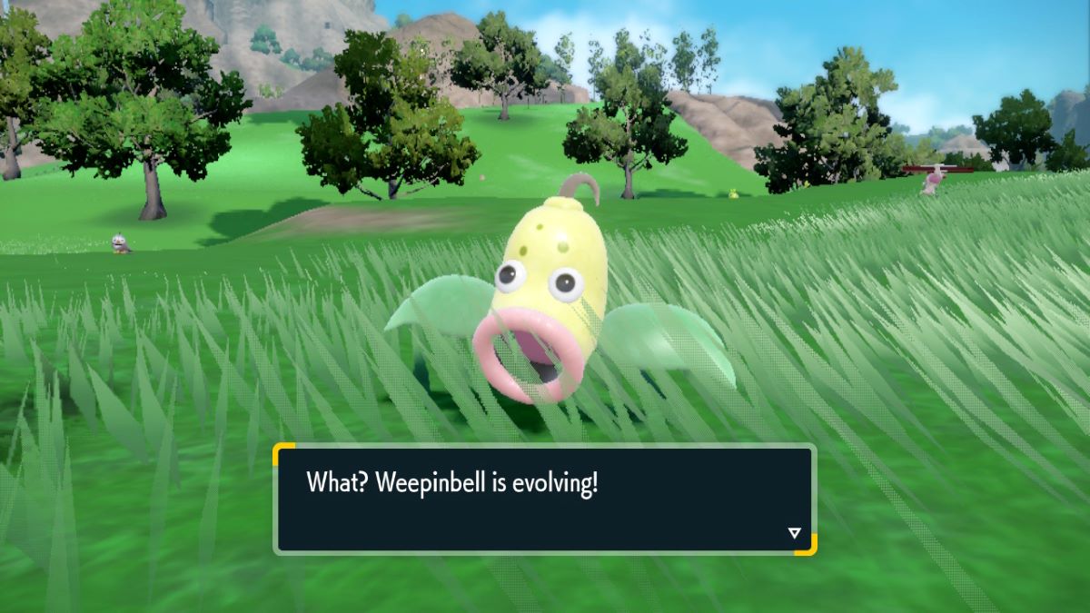 Weepinbell evolves with a Leaf Stone in Teal Mask DLC Pokemon Scarlet and Violet