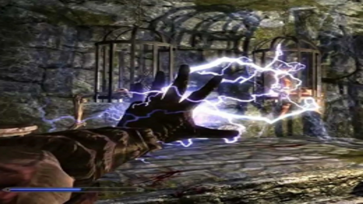 dragonborn in skyrim fires of a lighting spell in first person