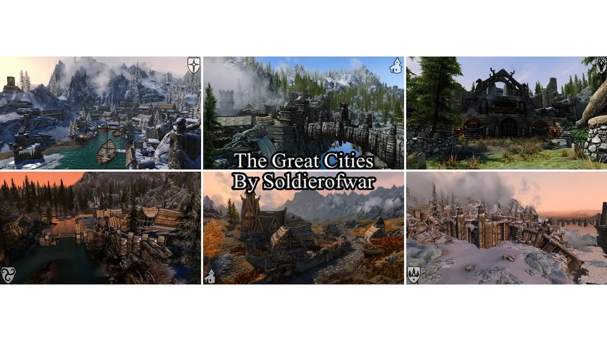 six pictures showing various major cities of skyrim