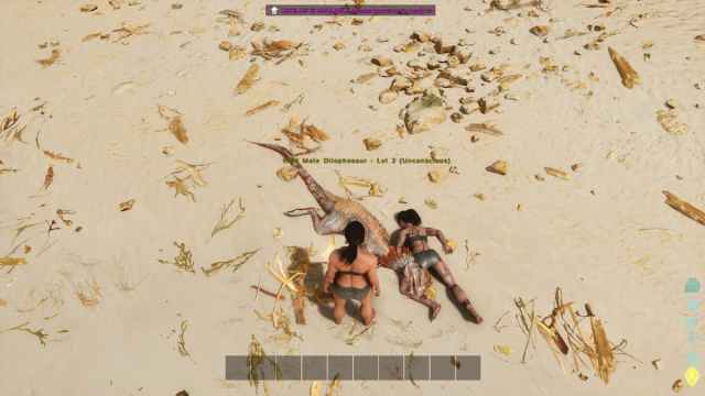 Player character stands over a dead dinosaur and human on a beach.