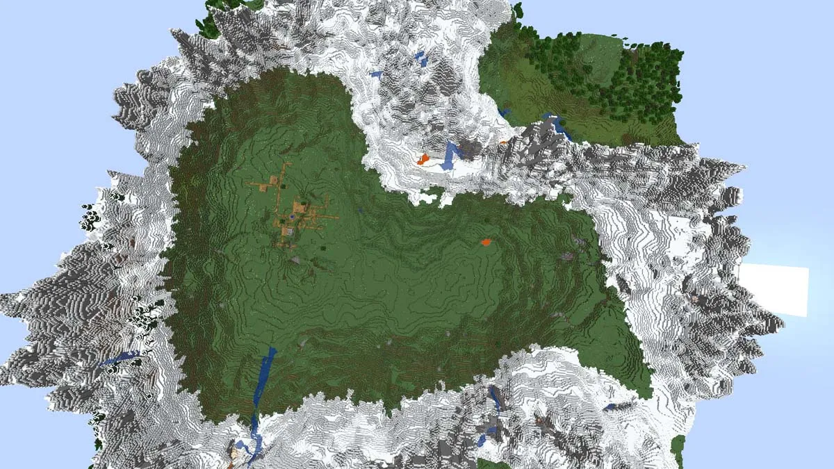 Village inside a mountain ring in Minecraft