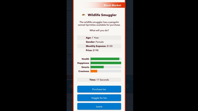 Bitlife wildlife smuggler black market menu with orange and green bar graphs. 