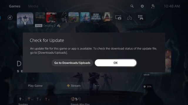 PS5 forced update screen for Destiny 2 with game icons in the background.