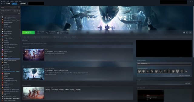 Destiny 2 steam library page.