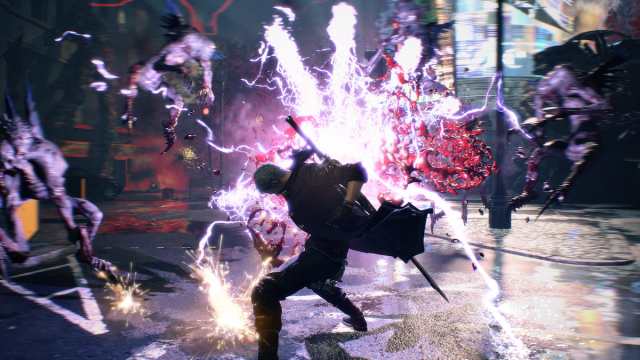 A whihte-haired Dante performing a purple explosion attack on enemies.