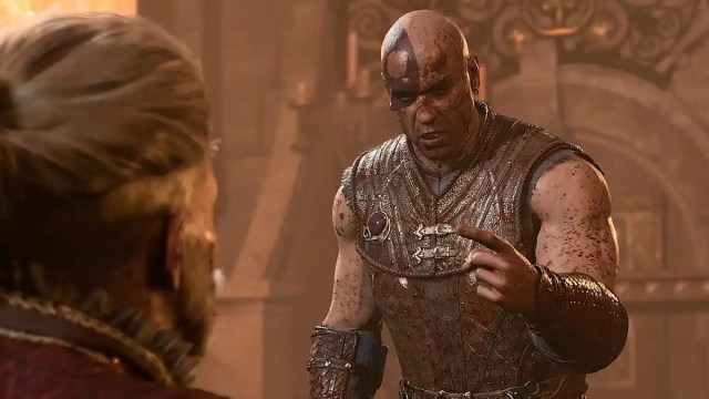 Minsc in leather armor pointing his finger angrily. 