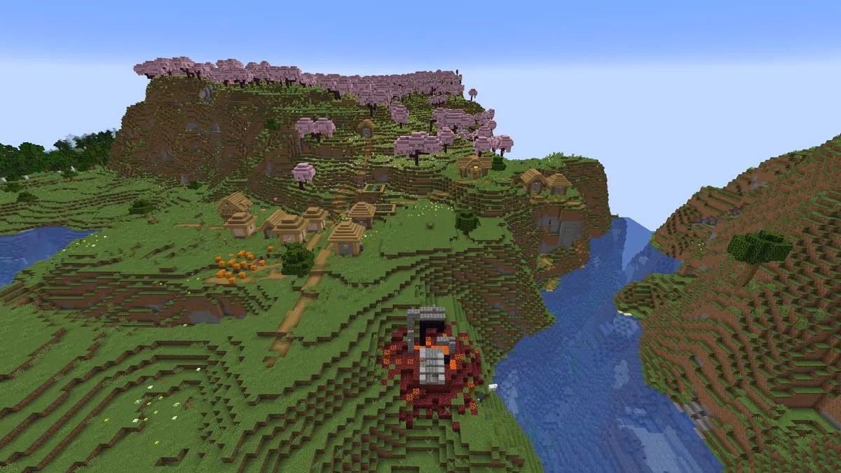 Wioska kwitnąca wiśni ze zniszczonym portalem w Minecrafcie