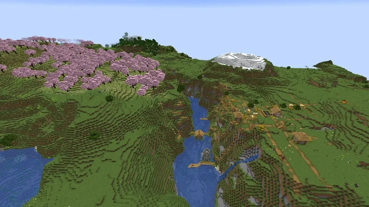 River valley village with cherry trees in Minecraft