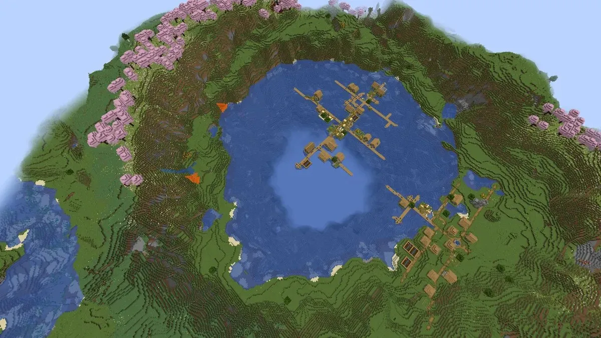 Double lake village with cherry grove in Minecraft