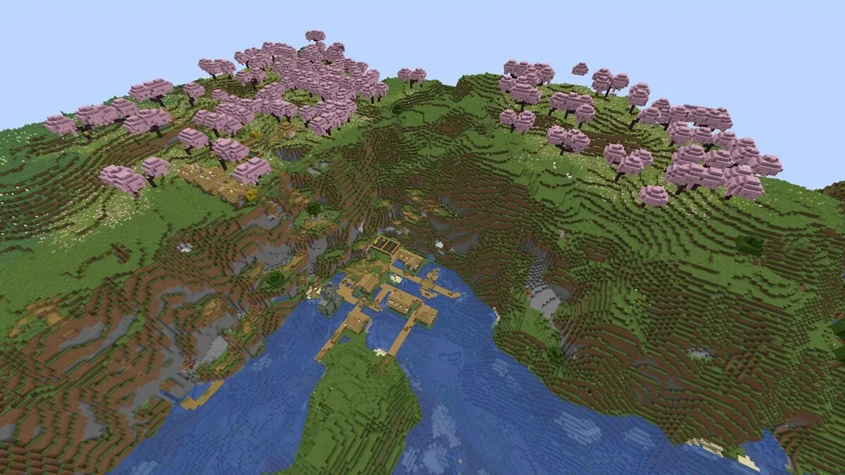 Cliffside cherry grove village in Minecraft