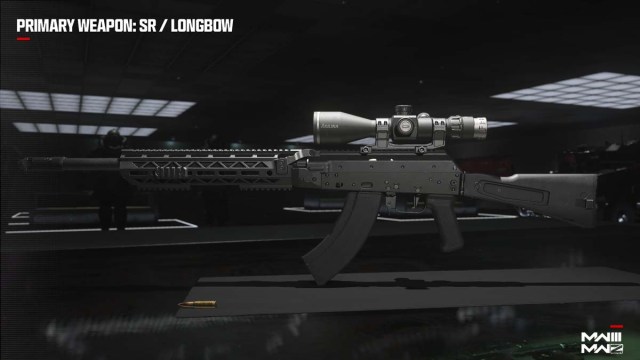Black Longbow sniper rifle with silver scope displayed