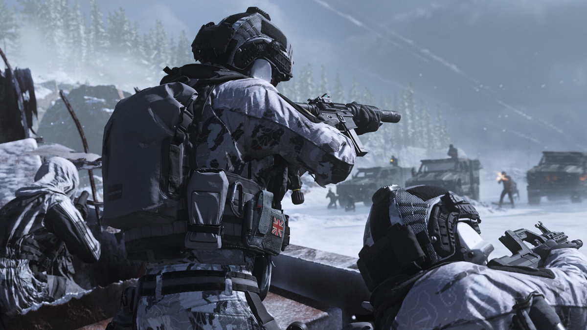 A soldier in white fatigues pointing an SMG at enemies.