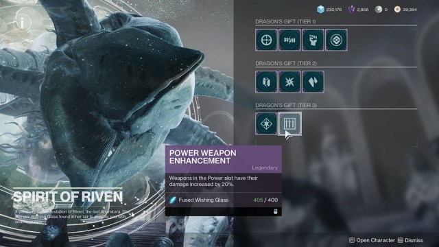 The Dragon's Gift selection menu with Riven in the background.