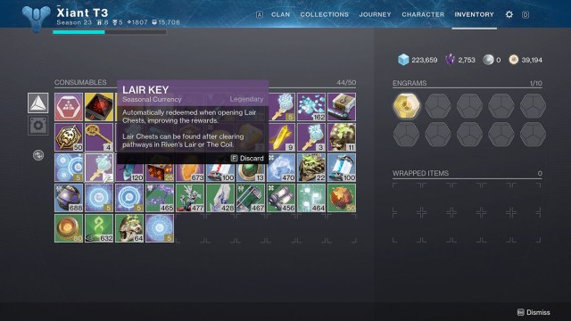 The Lair Key item in the Destiny 2 inventory.