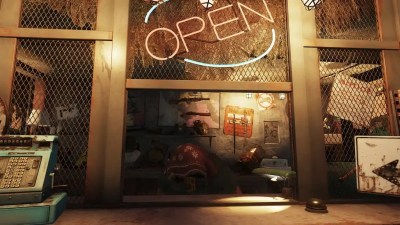 Thee Purveyor Shop with neon open sign in Fallout 76.