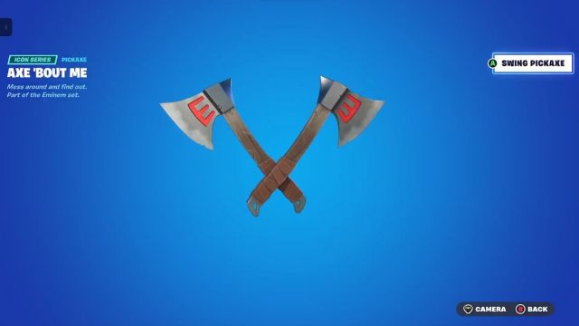 Fortnite eminem crossover event axe about me cosmetic detail view.