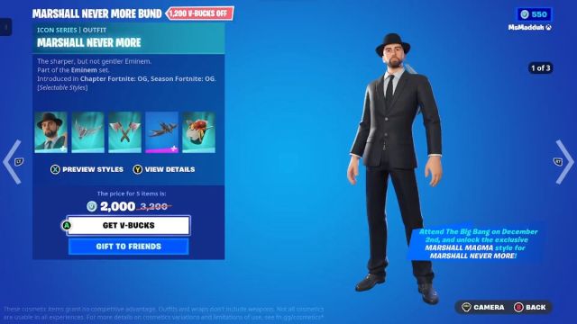 Fortnite eminem crossover event marshall nevermore cosmetic detail view.