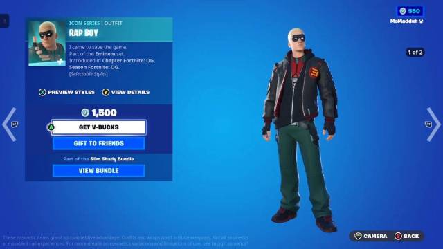 Fortnite eminem crossover event rap boy cosmetic detail view.