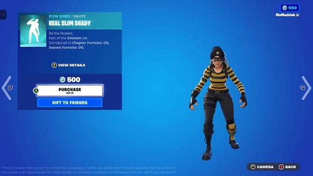 Fortnite eminem crossover event real slim shady emote cosmetic detail view.