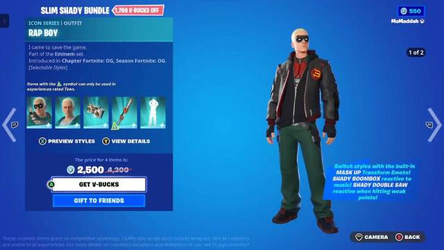 Fortnite eminem crossover event rap boy cosmetic detail view.