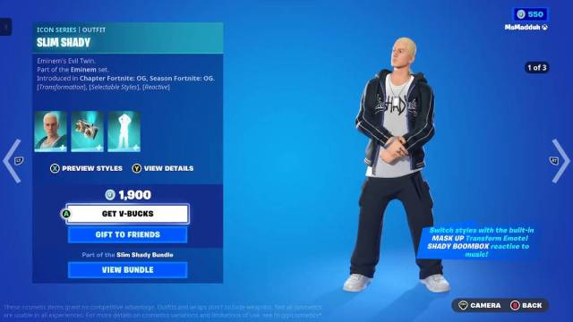 Fortnite eminem crossover event slim shady cosmetic detail view.