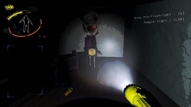 Player holding a yellow flashlight shining on a jester with a huge head.