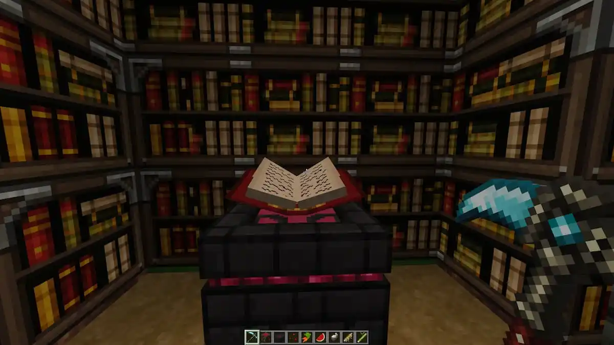 An open enchantment book in a library.