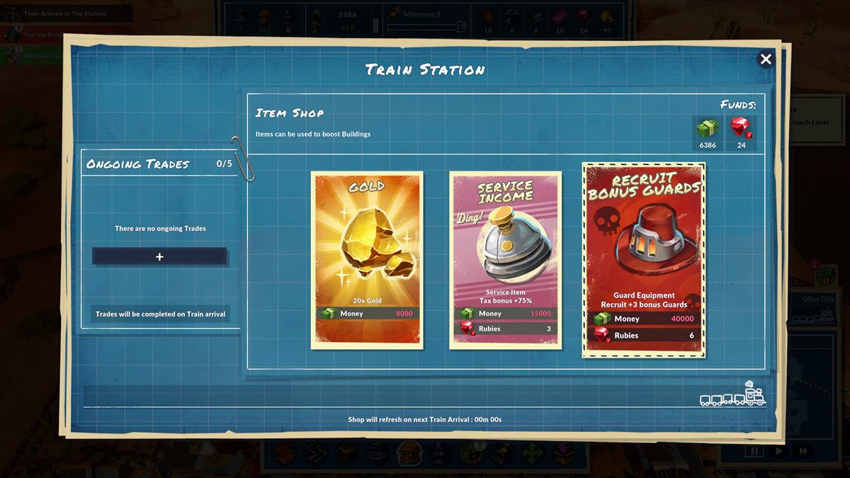 Blue Train Station buy menu showing a card with a gold nugget.