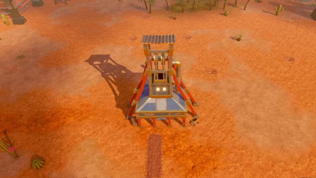 Triangular mineshaft elevator on desert blocks.