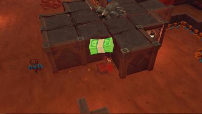 Green stack of cash hovering over brown boxes on dirt.