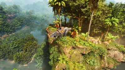 Dinosaur roaring on a cliff in a vibrant jungle.