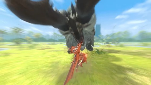 Promo image for Monster Hunter Now, showing the player fighting a large monster.